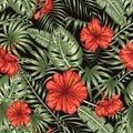 Vector seamless pattern of green tropical leaves with red hibiscus flowers on black background Royalty Free Stock Photo