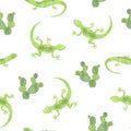 Vector seamless pattern with green watercolor lizard and cactus. Royalty Free Stock Photo