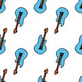 Vector seamless pattern of guitar blue color. a pattern of hand-drawn guitar, musical instrument, arranged in a geometric order on Royalty Free Stock Photo