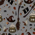 vector seamless pattern halloween eps . Doodle potion and wiccan symbols, mushrooms and autumn leaves