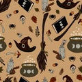 vector seamless pattern halloween eps . Doodle potion and wiccan symbols, mushrooms and autumn leaves