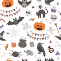 Vector seamless pattern with Halloween elements. Traditional Samhain party background. Scary digital paper with jack-o-lantern, Royalty Free Stock Photo