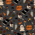 vector seamless pattern halloween eps . Doodle potion and wiccan symbols, pumpkin and skull , mushrooms and autumn leaves