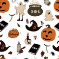 vector seamless pattern halloween eps . Doodle potion and wiccan symbols, pumpkin and skull , mushrooms and autumn leaves