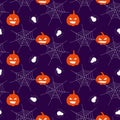 Vector seamless pattern for the Halloween holiday. Cobwebs, pumpkins and spiders on an dark purple background. Horror texture.