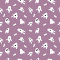 Vector seamless pattern with Halloween holiday ghosts, happy, spooky, tired, angry, cute faces.