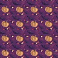 Vector seamless pattern for Halloween with purple background and images: orange pumpkins, bats, garlands. Royalty Free Stock Photo