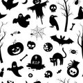 Vector seamless pattern with Halloween silhouettes. Black and white Samhain party background. Scary digital paper with jack-o-