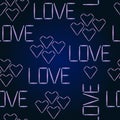 Vector seamless pattern Halogen Love. Glowing words love and hearts. Royalty Free Stock Photo