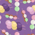 Vector seamless pattern with hanami dango and mochi. Violet background with japanese traditional desserts.