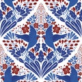 Vector seamless pattern with hand-draw birds. Symmetrical pattern with swallows, berries and flowers in classic blue red Royalty Free Stock Photo