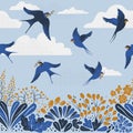 Vector seamless pattern with hand-draw birds. Border pattern with swallows, berries and flowers in classic blue yellow Royalty Free Stock Photo
