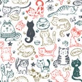 Vector seamless pattern with hand draw funny cats in sketch style