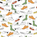 Vector seamless pattern with hand drawing shoes. Colorful boots in repeat background