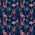 Vector seamless pattern with hand drawing wild plants, herbs and flowers, colorful botanical illustration, floral