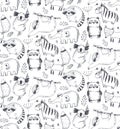 Vector seamless pattern with hand drawn animals. Black and white endless background.