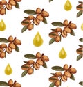 VECTOR seamless pattern with hand drawn argan branch sketch and oil realistic drops.