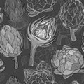 Vector seamless pattern with hand drawn artichoke. Black and white Royalty Free Stock Photo
