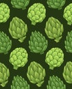 Vector seamless pattern with hand drawn artichokes on dark background. Texture with cartoon healthy vegetables. Natural healthy