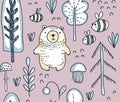 Vector seamless pattern with hand drawn bear in the forest Royalty Free Stock Photo