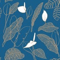 Vector seamless pattern hand drawn of beige doodle line tropical plant leaf, random branches on blue background Royalty Free Stock Photo