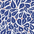 Vector seamless pattern with hand-drawn berries-dots and leaves. Pattern in classic blue red white color composition Royalty Free Stock Photo