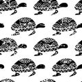 Vector seamless pattern with hand drawn black turtle on