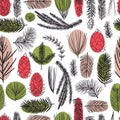 Vector pattern with branches and cones of coniferous trees. Royalty Free Stock Photo