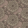 Vector seamless pattern. Hand drawn brown doodle turtles in vint