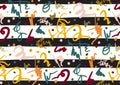 Vector seamless pattern with hand drawn brush strokes and stripes hand painted. Black, golden, white, pink, green, blue Royalty Free Stock Photo