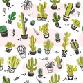 Vector seamless pattern with hand drawn cactus elements isolated on white background. Royalty Free Stock Photo