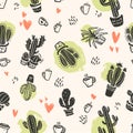 Vector seamless pattern with hand drawn cactus and love elements isolated on light background.