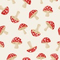 Vector Seamless Pattern with Hand Drawn Cartoon Flat Mushrooms on White Background. Amanita Muscaria, Fly Agaric Royalty Free Stock Photo