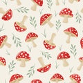 Vector Seamless Pattern with Hand Drawn Cartoon Flat Mushrooms on White Background. Amanita Muscaria, Fly Agaric Royalty Free Stock Photo