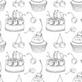 Vector seamless pattern with hand drawn cheesecake and cupcake with cherries. Can be used for printing, textiles, coloring,