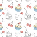 Vector seamless pattern with hand drawn cheesecake and cupcake with cherries. Outline vector illustration of dessert on white