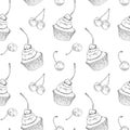 Vector seamless pattern with hand drawn cheesecake and cupcake with cherries. Outline vector illustration of dessert on white
