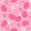 Vector seamless pattern with hand drawn  cherries and flowers on a pink background. Royalty Free Stock Photo