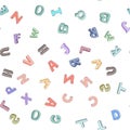 Vector seamless pattern of hand-drawn children`s alphabet. 3D doodle letters. ABC font background for kids. Royalty Free Stock Photo