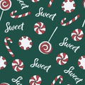 Vector seamless pattern with hand drawn christmas candies on dark green background Royalty Free Stock Photo