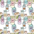Vector seamless pattern of hand drawn collection with different body and hair care products Royalty Free Stock Photo