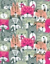 Vector seamless pattern with hand drawn colorful cat faces.