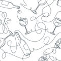 Vector seamless pattern with hand drawn continuous line wine bottles and glasses. Bar menu, fabric, textile print design Royalty Free Stock Photo