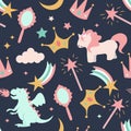 Vector seamless pattern with hand drawn crowns, unicorns, dragons, stars and comets on a dark blue background