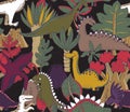 Vector seamless pattern with hand drawn dinosaurs and tropical leaves and flowers. Royalty Free Stock Photo