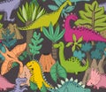 Vector seamless pattern with hand drawn dinosaurs and tropical leaves and flowers. Royalty Free Stock Photo