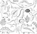 Vector seamless pattern with hand drawn dinosaurs and tropical leaves and flowers. Royalty Free Stock Photo