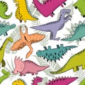 Vector seamless pattern with hand drawn dinosaurs and tropical leaves.