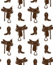 Vector seamless pattern of brown boot and saddle Royalty Free Stock Photo