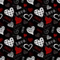 Vector seamless pattern, hand drawn doodle hearts, love illustration, background template, white and red scribble lines on black. Royalty Free Stock Photo
